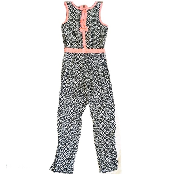 ZUNIE (Nordstrom) Geo Print Jumpsuit With Back Bow Detail Black/Pink Girl 10Y - Picture 6 of 12